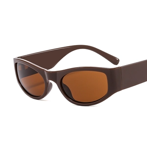 Y2K retro oval sunglasses with thick brown frames and tinted lenses in a 45-degree view