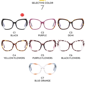 Collection of seven colorful TR90 cat-eye eyewear frames shown in a grid layout