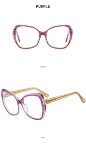 Macro detail of purple and amber cat-eye glasses frame with front and side views