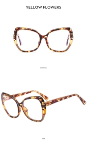 Macro detail of TR90 cat-eye glasses frame with yellow flower tortoiseshell texture