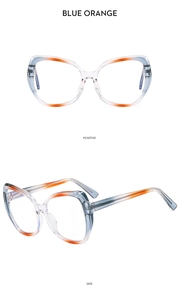 Detail view showing blue-orange gradient TR90 eyeglass frames with spring hinges