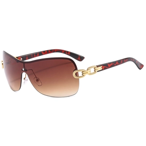 Y2K rimless wrap-around sunglasses with gradient brown lenses and leopard print temples