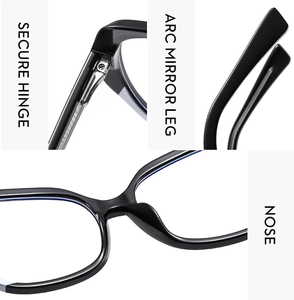 Detail view of TR90 glasses frame showing secure hinge, arc mirror leg and nose pad