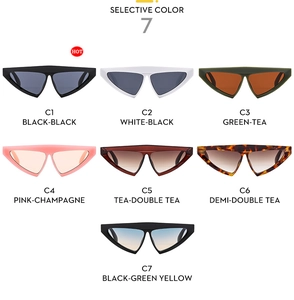 Vue détaillée de lunettes de soleil œil-de-chat en sept couleurs au design géométrique