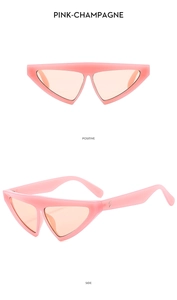 Vue détaillée de lunettes de soleil triangulaires roses avec verres champagne mats