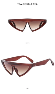 Détail de lunettes de soleil triangulaires thé montrant les vues de face et de profil