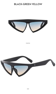 Vues de face et de côté de lunettes œil-de-chat noires avec verres dégradés bleu-jaune