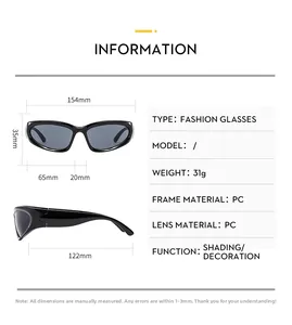Detailed sizing chart and specifications for Y2K punk sports sunglasses with measurements