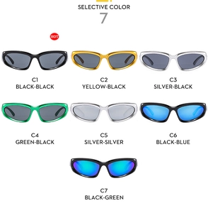 Detailed grid showing seven color options for Y2K style cycling sports sunglasses