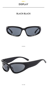 Front and 45-degree side views of sleek black Y2K punk wrap-around sports sunglasses