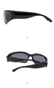 Side and back view of Y2K sporty sunglasses with black streamlined frame and gray lenses