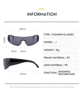 Detailed dimension guide for Y2K rimless star sunglasses with PC frame and lens