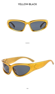Front and side view of sporty Y2K sunglasses with glitter yellow frames and black lenses