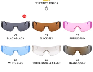 Detailed grid view showing six color options for rimless Y2K star-style sports sunglasses