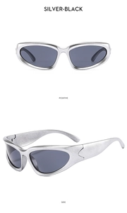 Futuristic silver sport sunglasses with sleek black lenses, positive and side view