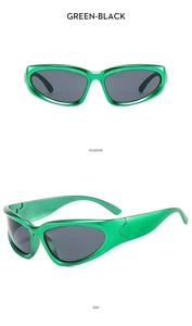 Detailed front and side views of Y2K athletic sunglasses in metallic green and black