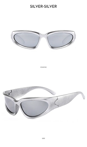 Detail views showing silver Y2K futuristic wrap sunglasses from front and side angles
