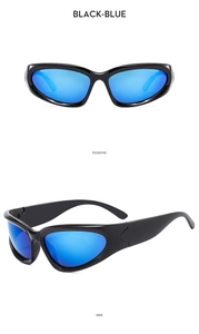 Y2K punk sports sunglasses with black streamlined frame and blue reflective lenses