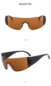 Detail view of Y2K star rivet rimless sunglasses with tea lenses from front and side angles