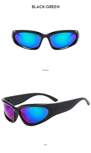 Front and side view of Y2K futuristic wrap sports sunglasses with purple mirrored lenses