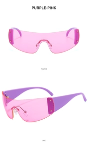 Frameless pink Y2K star sunglasses with purple temples showing front and side views
