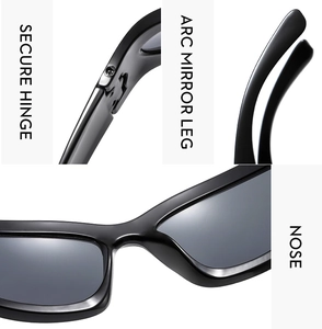 Close-up of secure metal hinges and ergonomic arc mirror legs on black Y2K sunglasses