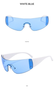 Front and side view of Y2K star frameless sunglasses in white-blue sporty style