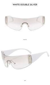 White Y2K wraparound star sunglasses featuring silver lenses and studded side details