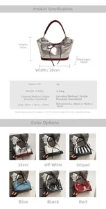 Detailed size specifications and six color options for the PU bow shoulder tote bag