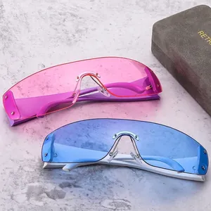 Frameless Y2K star rivet wrap around sunglasses in purple and blue lens colors
