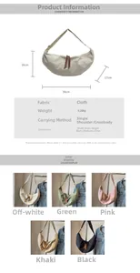 Detailed size chart for minimalist fabric crossbody bag with dimensions and multi-color options