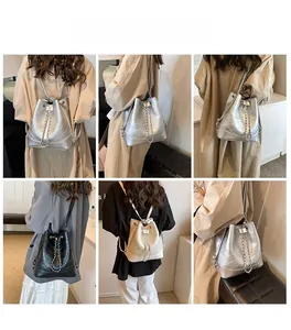 Collage of quilted bucket backpack in metallic finishes showing multiple wearing angles