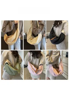 Collage of large nylon crescent bags in black, beige, khaki, and green on a model