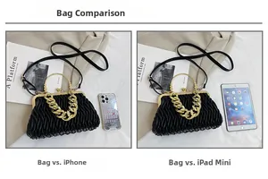 Groottevergelijking van zwarte geplooide tas met gouden ketting naast iPad mini en iPhone