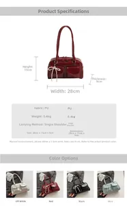 Detailed size chart and specifications for the PU leather bow hobo bag in four colors