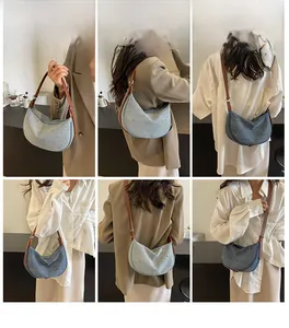 Detail shots of denim hobo bags featuring rhinestones and quilted patterns for women