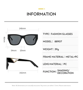 Detailed size chart for square frame sunglasses with gold hollow triangle temple accents