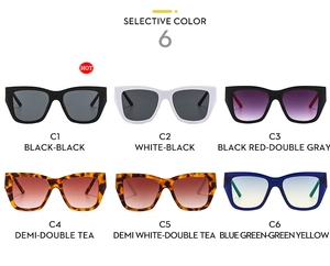 Six stylish square frame sunglasses in multiple colors displayed in a grid with C1-C6 codes