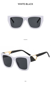 Detailed front and side views of white square sunglasses with golden triangle metal hinge