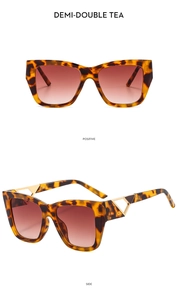 Detail view of demi tortoise square sunglasses with hollow gold geometric temples