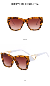 Detail of demi tortoise frame sunglasses with white temples and gold triangle metal hinges