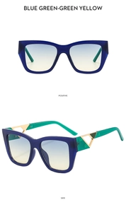 Detail of square sunglasses showing blue-green frame and side golden metal hinge