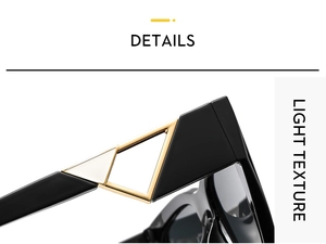 Detail of square sunglasses showing luxury hollow triangle metal hinge and contrast colors