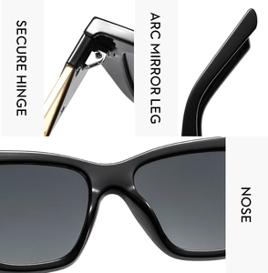 Detail view of square sunglasses showing secure metal hinges and arc temple design