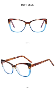 Vues de face et de côté de lunettes œil-de-chat anti-lumière bleue en dégradé bleu écaille