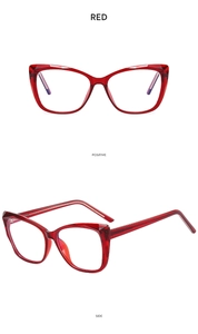 Vues détaillées de la monture de lunettes œil de chat rouge TR90 de face et de côté