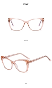 Vues détaillées de lunettes œil-de-chat roses avec monture TR90 et filtre anti-lumière bleue