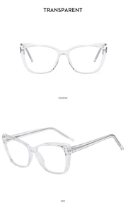 Vue détaillée du profil avant et latéral de lunettes œil de chat transparentes en TR90