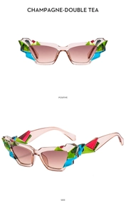 Dettaglio occhiali da sole cat-eye champagne con accenti geometrici multicolore
