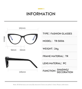 Größentabelle für schwarze Cateye-Brillengestelle mit 141 mm Breite aus TR90 Material